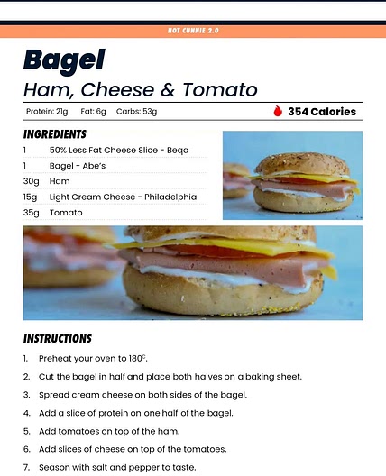 Ham, cheese, tomato bagel 21g protein 6g fat 53g carb 354 cal *