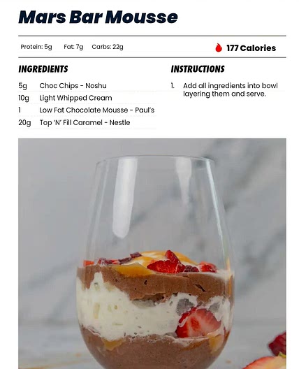 Mars bar mousse 4 protein 5 fat 15 carb 121 cal *
