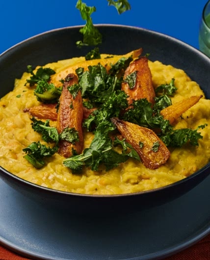 Spicy roasted carrot, kale and coconut dhal