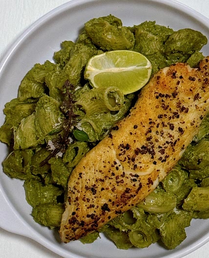 Creamy Cilantro and Basil Pesto Macaroni with Lemon Pepper Fish
