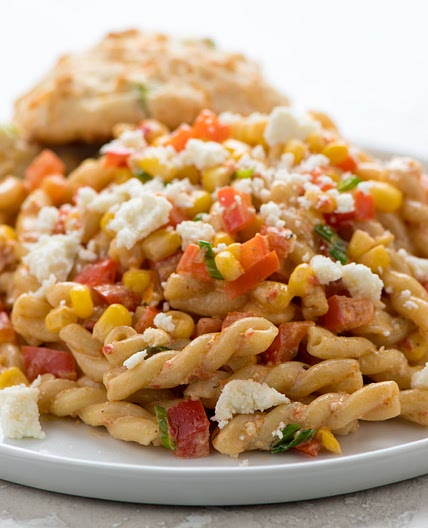 Chipotle Cream Gemelli with queso fresco and cheddar-scallion biscuits