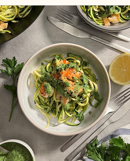 GARLIC SHRIMP ZOODLES WITH GREENGODDESS DRESSING