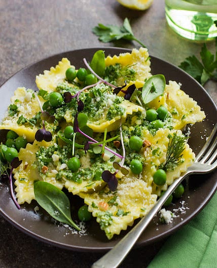 Ravioli with Snap Peas and Mushrooms (Vegetarian)