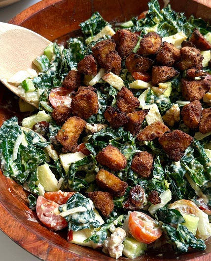 Kale Apple Salad with Curry Tahini & Crispy Tofu