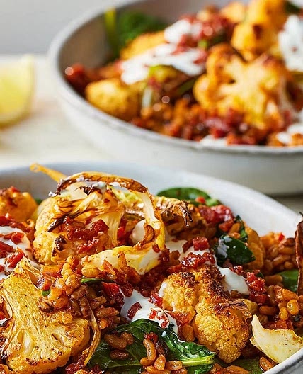 Roast cauliflower & chorizo grains