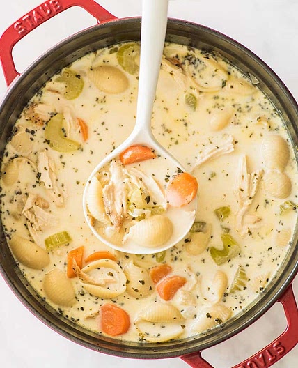Chicken noodle soup with seasoned garnish