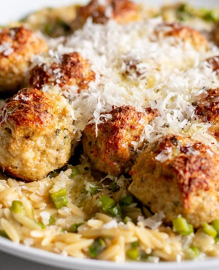 Lemony Boursin Chicken Meatballs with Cheesy Asparagus Orzo