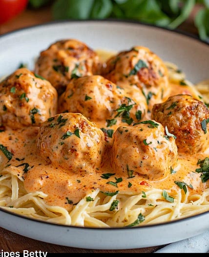 Chicken Ricotta Meatballs with Tomato Basil Alfredo Sauce