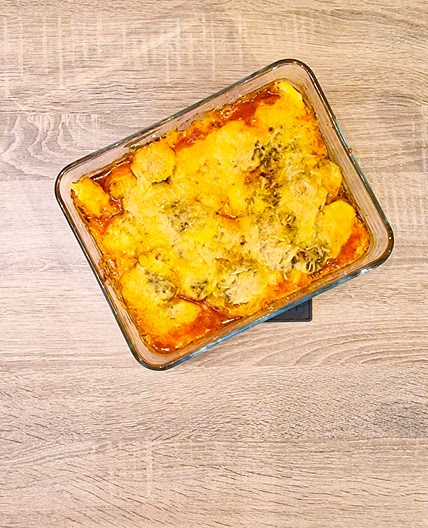 Gratin de poireau au bœuf haché aux épices italiennes, pommes de terre et fromage vieux