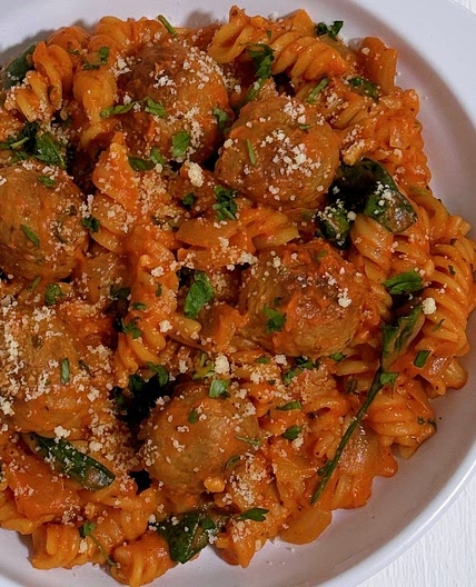 Fusilli with Plant-Based Meatballs in Creamy Tomato Sauce