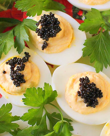 Deviled eggs with crab and caviar