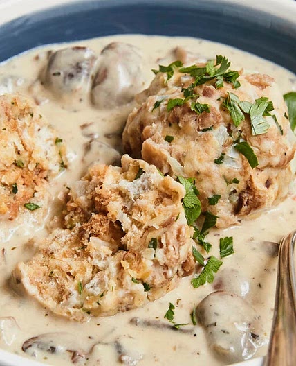 Bacon Semmelknödel with Porcini-Sherry Gravy