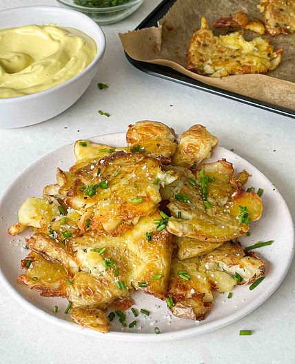 Crispy smashed potatoes with an olive oil mayo