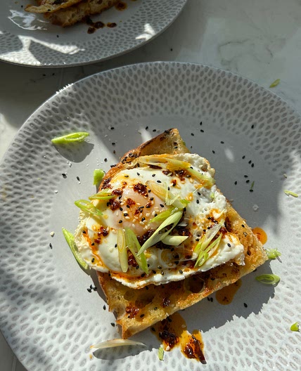 Chili Crisp Eggs on Miso Butter Toasted Focaccia