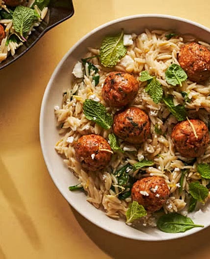 Baked Minty Meatballs With Lemony Orzo