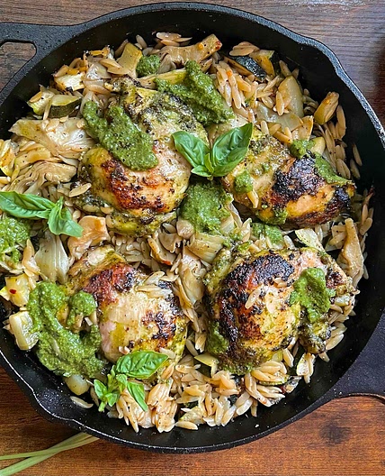 One Pan Pesto Chicken & Orzo