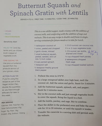 Butternut squash and spinach gratin with lentils