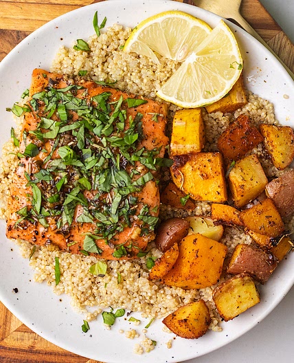 Maple Butter Salmon with Potatoes and Squash
