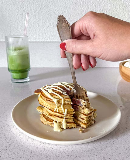 White chocolate raspberry pancakes
