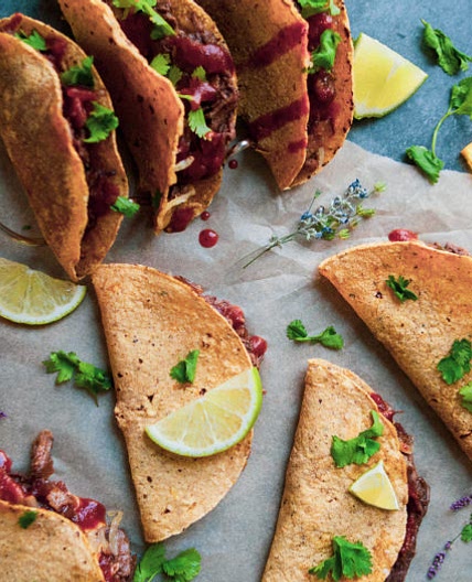 Crispy Beer Braised Beef Tacos with Chipotle Honey and Bacon Jam