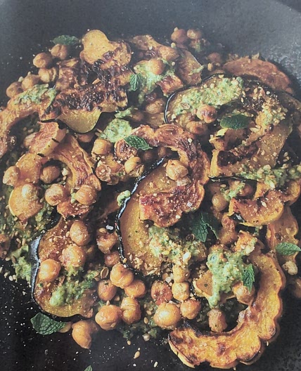 Maple-roasted squash & chickpeas with mint-pistachio pesto