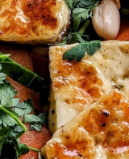 Orange & honey glazed halloumi with bean & carrot salad