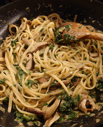 Linguine with miso butter, shitake and spinach