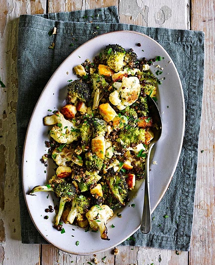 Roasted brassicas with puy lentils & halloumi