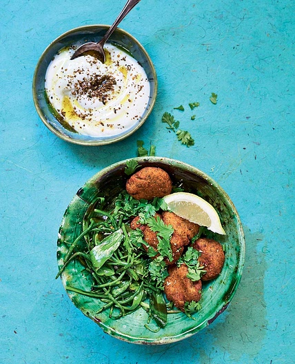 Crab Falafel with Labneh and Sea Vegetable Salad