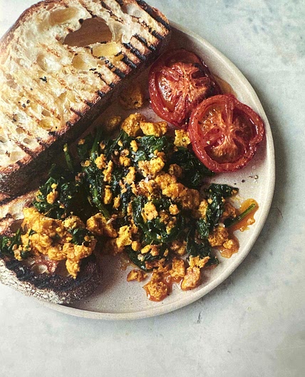 Linda’s Tofu Scramble with Baked Tomatoes & Wilted Spinach 