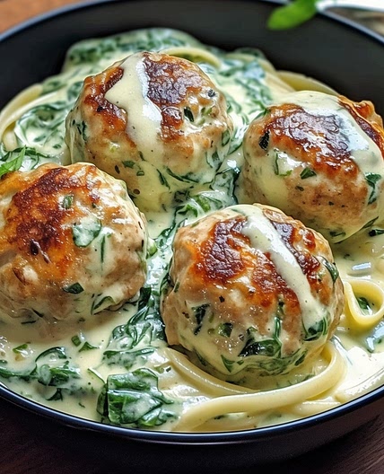 Chicken Ricotta Meatballs with Spinach Alfredo Sauce