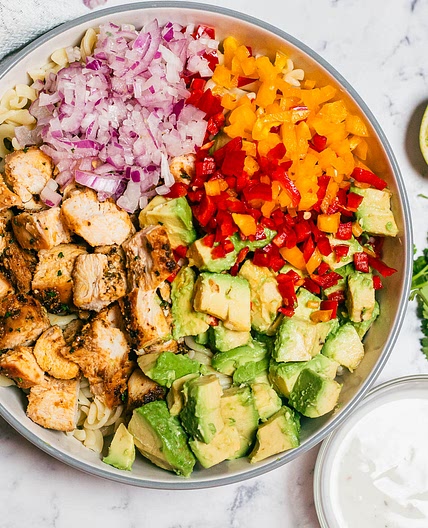 Healthy Chicken Avocado Pasta Salad with Yogurt Lime Dressing