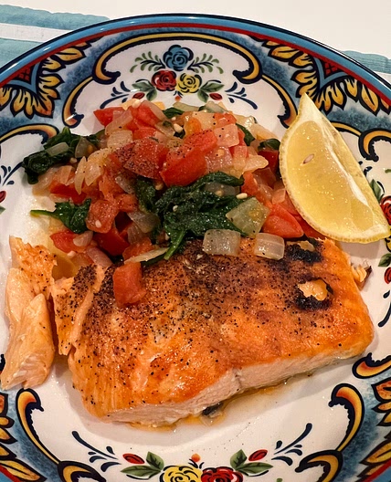 Grilled Salmon with Tomatoes, Spinach, and Capers