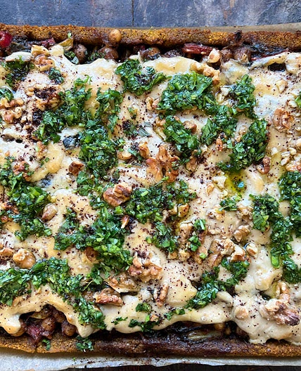Open-faced pumpkin kibbeh with lemony swiss chard