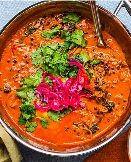 Salmon Poached in Harissa Coconut Lentils 