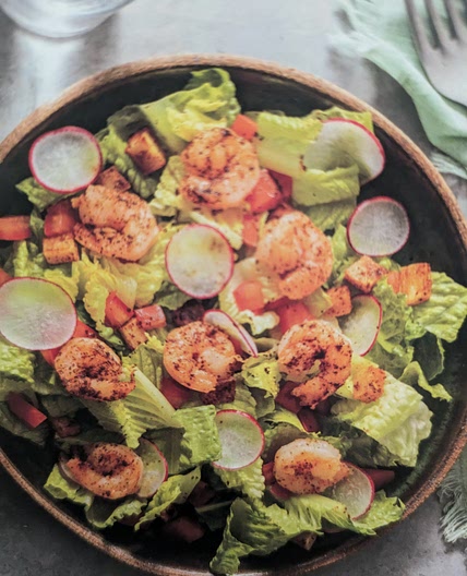 Romaine salad with chipotle-roasted shrimp and potato