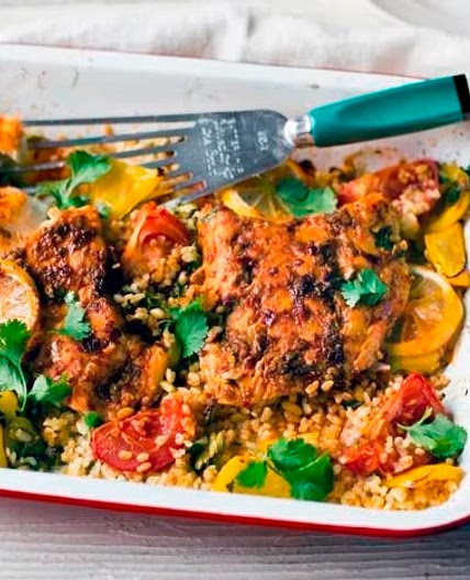 Harissa baked fish with bulgur wheat