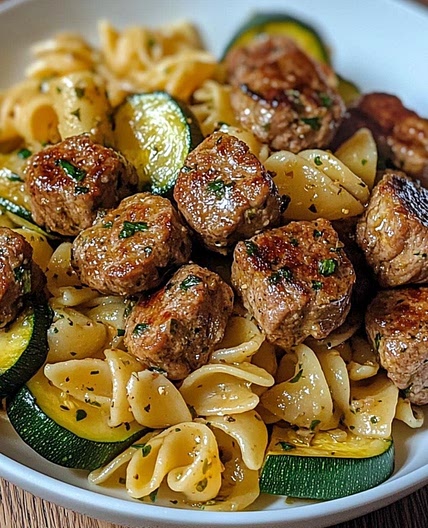 Beef Bites with Zucchini and Pasta