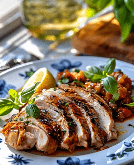 Pechuga de Pavo Asada con limon y albahaca con Caponata Siciliana