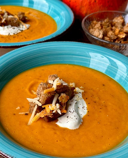Creamy Pumpkin Soup with Wholegrain Cheddar Cheese Croutons