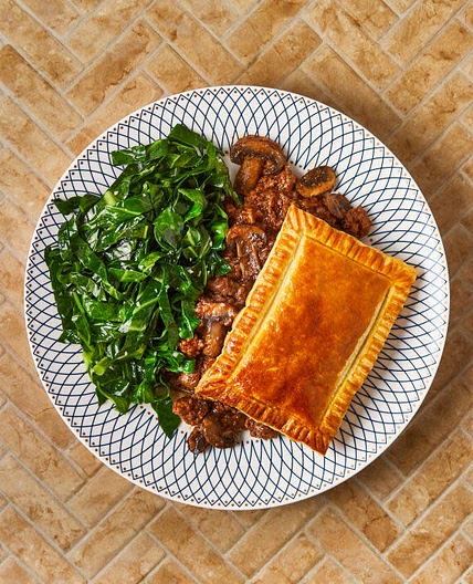 Beef & Mushroom Pie With Garlicky Greens