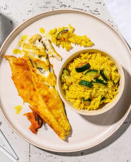 Mango Chutney Glazed Sea Bass With Tikka Spiced Rice & Courgette
