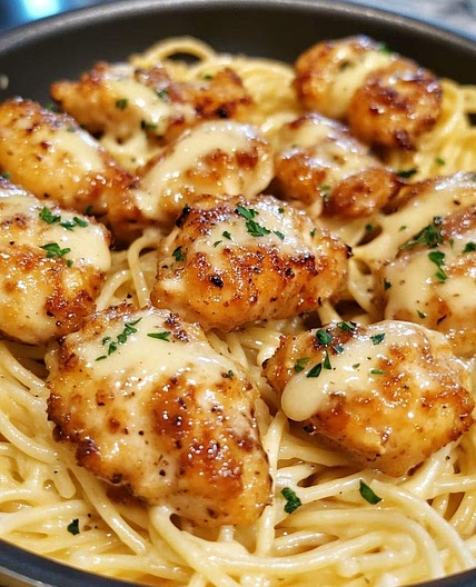 Garlic Butter Chicken Bites with Creamy Parmesan Pasta