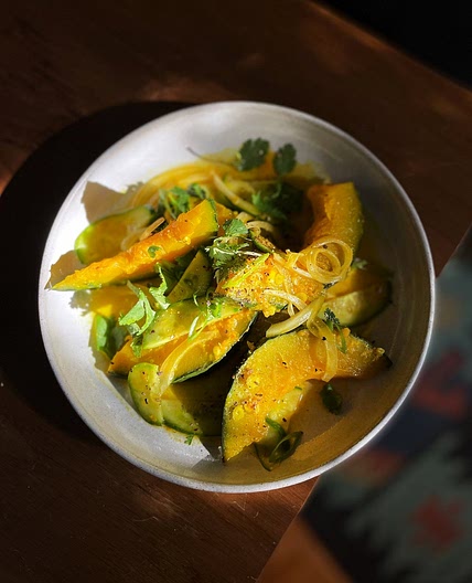 Steamed Kabocha Squash Salad with Turmeric and Cucumbers