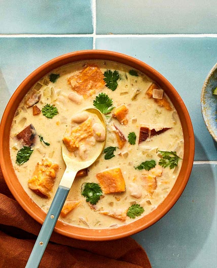 A Bowl of Creamy White Chili with Sweet Potatoes & Beans Will Warm You from the Inside Out