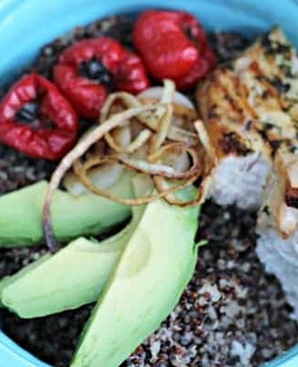 Red & White Quinoa Bowl with Swordfish and Avocado