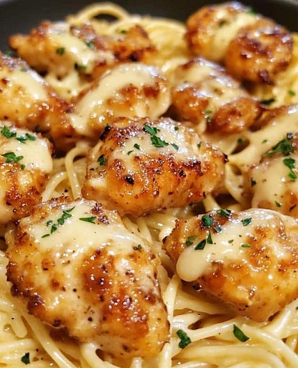 Garlic Butter Chicken Bites with Creamy Parmesan Pasta  