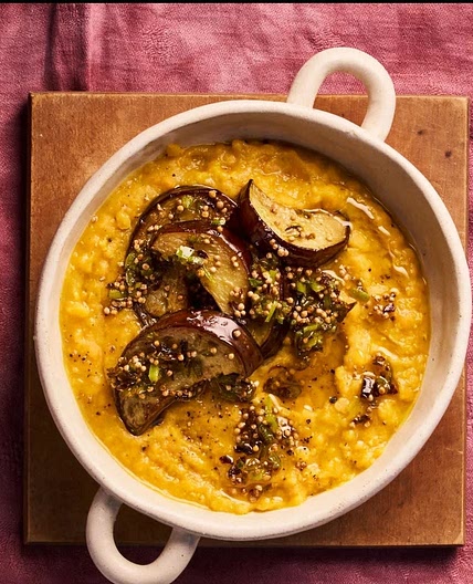 Sour & spicy lentils with fried eggplant