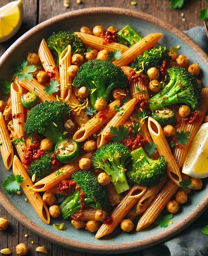 Charred Broccoli, Chickpea, and Harissa Pasta