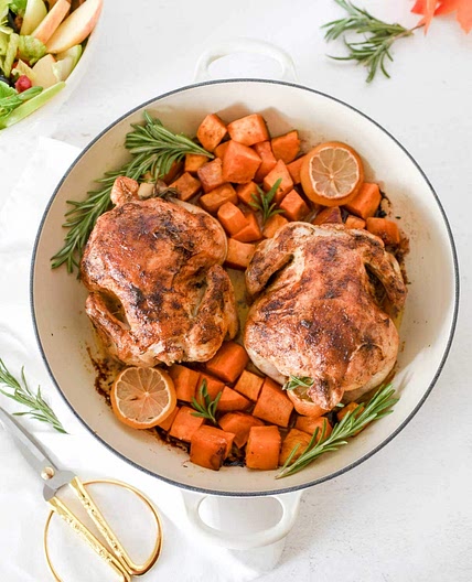 Dutch Oven Cornish Hens and Potatoes